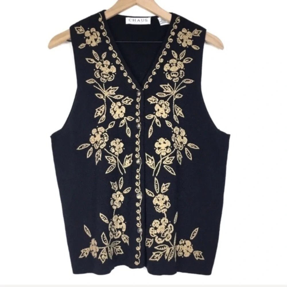 CHAUS Vest Silk Sweater Knit Embroidered Floral Dark Academia Petite Size Medium - Picture 6 of 6